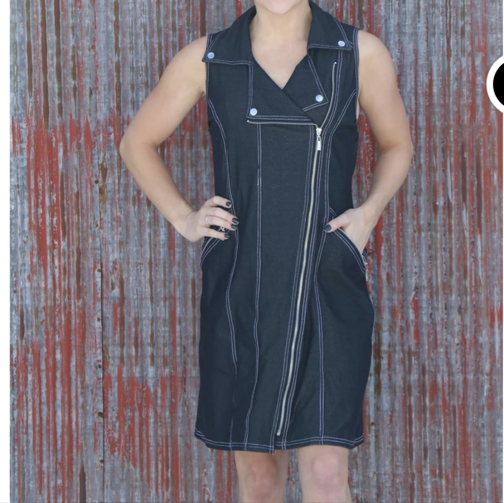 Laura Hlavac Black Denim Moto Sleeveless Zippered &‎ Snap Midi Sz. M Dress